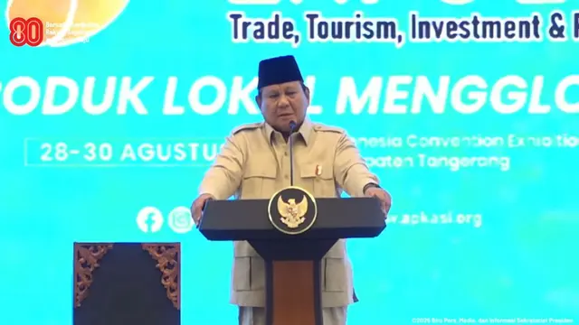 Presiden Prabowo Subianto dalam acara Asosiasi Pemerintah Kabupaten Seluruh Indonesia (APKASI) Otonomi Expo Tahun 2025 di ICE BSD Tangerang, Banten, Kamis (28/8/2025) (YouTube Sekretariat Presiden)