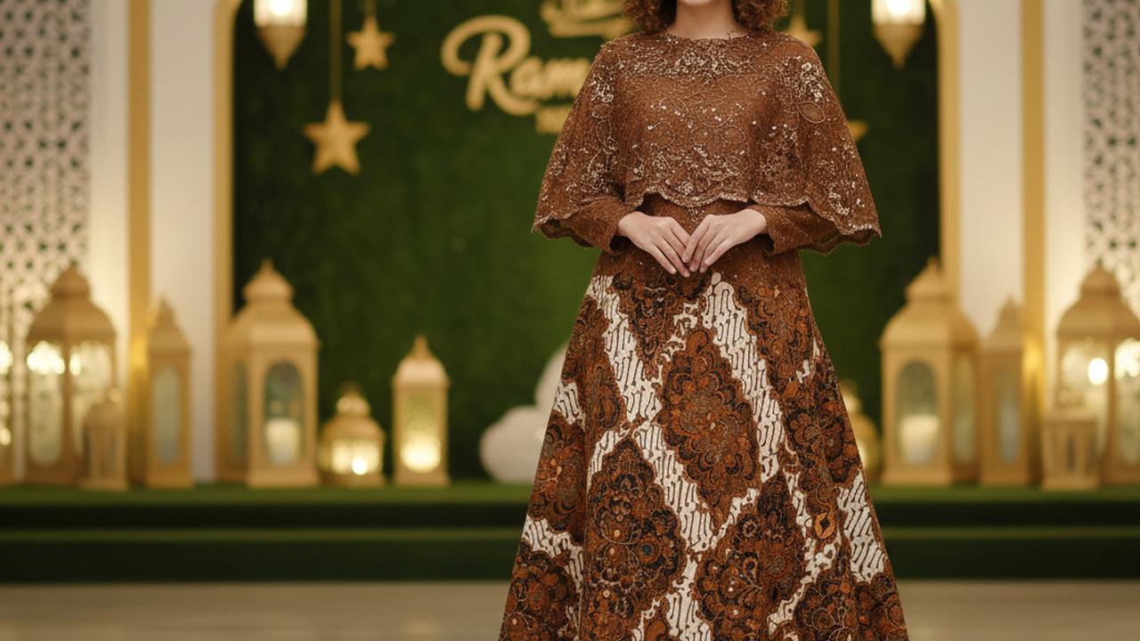 Gamis Batik Brokat dengan Aksen Cape atau Outer
