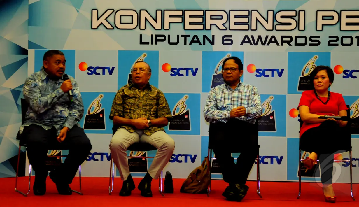 Suasana konferensi pers ajang Liputan6 Awards 2015 di SCTV Tower, Senayan City, Jakarta, Selasa (12/5/2015). Malam Puncak Penganugerahan Liputan6 Awards akan berlangsung pada 20 Mei mendatang di Studio 6 Emtek City. (Liputan6.com/Faisal R Syam)