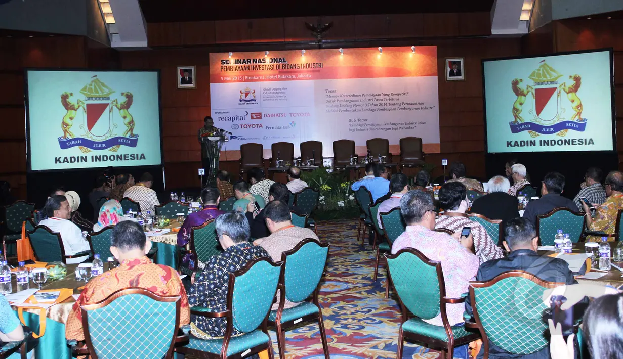  Menteri Perindustrian, Saleh Husin saat menyampaikan pidato dihadapan ratusan peserta Seminar Nasional Pembiayaan Investasi di Jakarta, Selasa (5/5/2015). (Liputan6.com/Helmi Afandi)