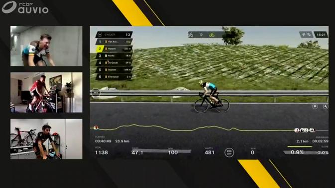 Gambar dari saluran Belgia RTBF menunjukkan perlombaan Tour of Flanders yang diselenggarakan secara virtual, (5/4/2020). Sebanyak 13 atlet sepeda berpartisipasi dalam balapan virtual ini. (AFP/Belga)