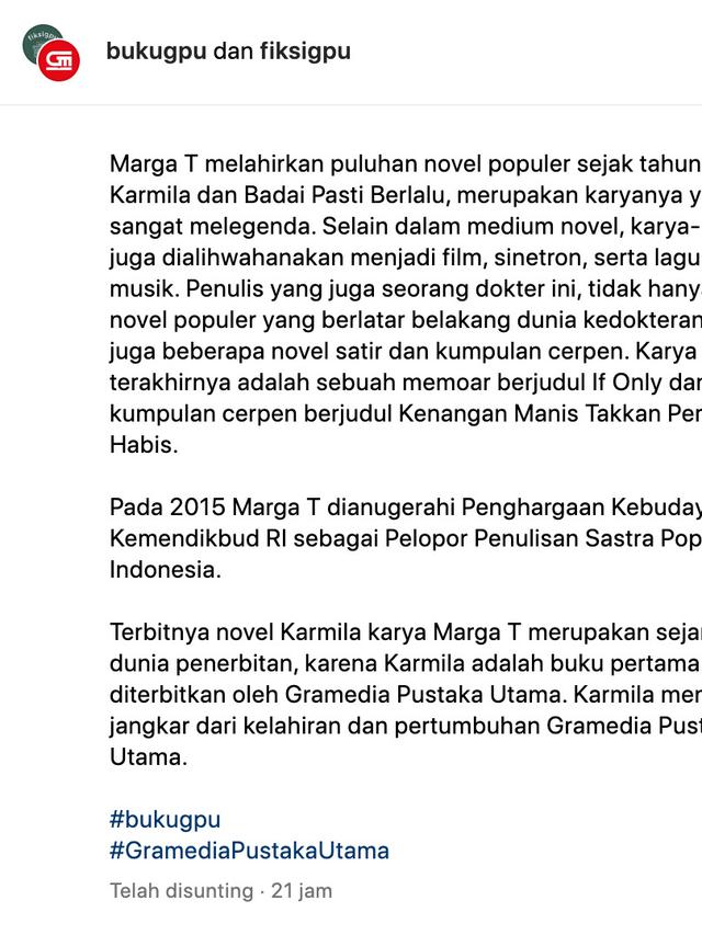 Unggahan Gramedia Pustaka Utama tentang rekam jejak Marga T. (Foto: Dok. Instagram @bukugpu)