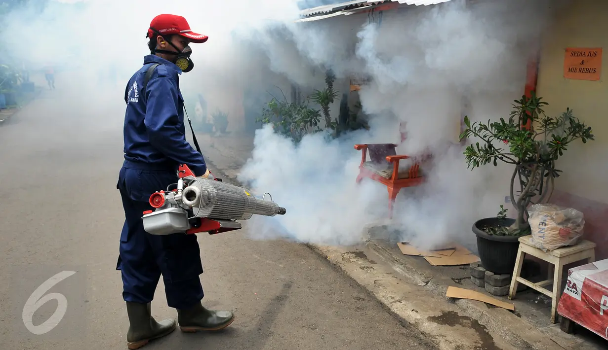 Seorang petugas melakukan pengasapan (fogging) di pemukiman warga di Kebayoran Baru, Jakarta, Sabtu (13/2). Fogging dilakukan guna mencegah wabah penyakit demam berdarah yang sering muncul pada musim hujan. (Liputan6.com/Gempur M Surya)