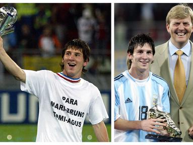 Foto kolase pemain Timnas Argentina, Lione Messi saat memegang trofi Piala Dunia U-20 dan Golden Boot setelah timnya behasil memenangi ajang tersebut yang berlangsung di Utrecht, Belanda, 2 Juli 2005. Messi tercatat berhasil mengemas 5 gol. Selain itu, ia juga sukses menyabet gelar Golden Ball berkat penampilan apiknya. (AFP/John Thys)