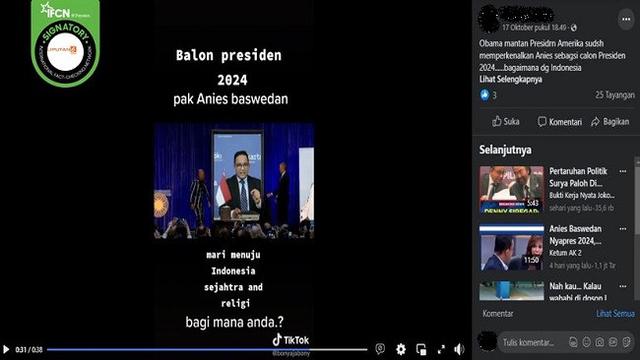 Gambar Tangkapan Layar Video yang Diklaim Barack Obama Memperkenalkan Anies Baswedan sebagai Capres pada 2024 (sumber: Facebook).