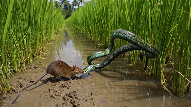 Ilustrasi ular di sawah (Foto: Reve Art AI)