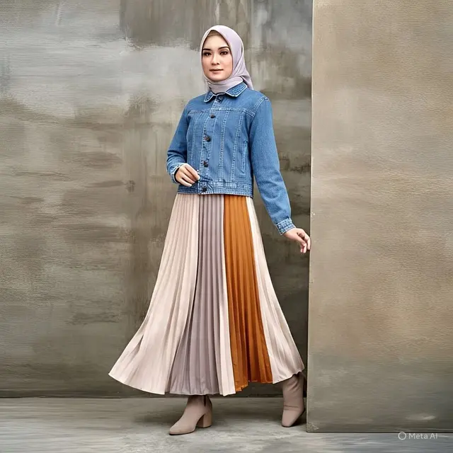 Jaket Denim dengan Rok Pleated