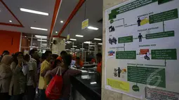 Sebuah poster menunjukkan mekanisme pengambilan simpanan keluarga sejahtera melalui uang elektonik dipajang dekat pintu masuk kantor Pos Pasar Baru, Jakarta, Selasa (7/4/2015). (Liputan6.com/Johan Tallo)