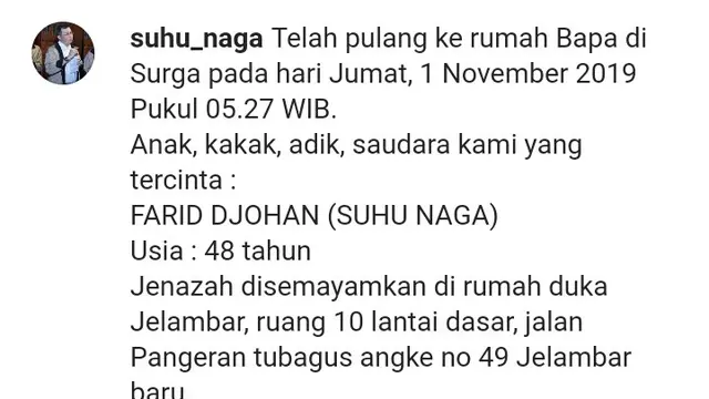 Kabar wafatnya peramal nasib artis Suhu Naga (ist)