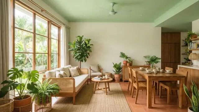 Ide warna plafon selain putih yang tetap membuat ruangan terlihat lapang model hijau muda untuk ruangan dengan unsur tanaman