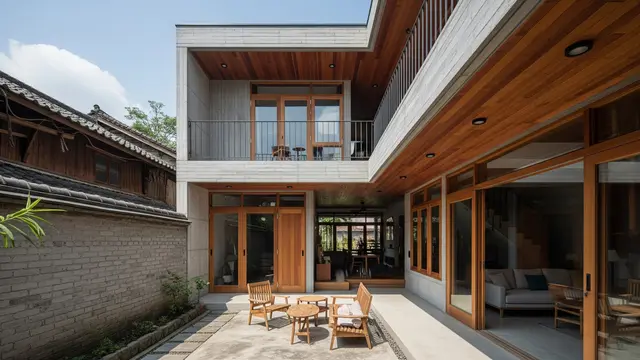 Inspirasi Rumah Semi Kayu dengan Dinding Semen Ekspos yang Adem (AI)
