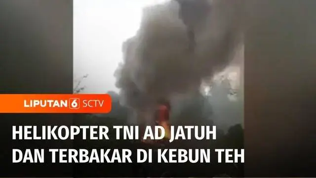 Helikopter milik TNI Angkatan Darat jatuh dan terbakar di perkebunan teh kawasan Rancabali, Kabupaten Bandung, Jawa Barat, Minggu (28/05) siang. Dalam peristiwa ini, lima orang penumpang mengalami luka-luka.