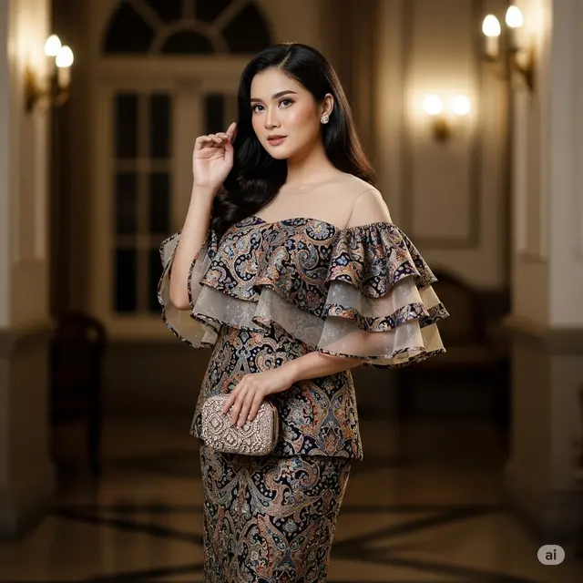 Model Long Dress Batik Brokat dengan Outer Transparan (Image by Gemini AI)