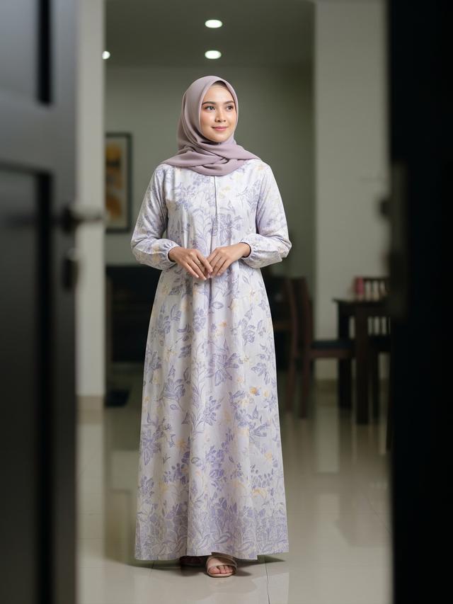 Gamis Batik Maxi Dress Motif Bunga Lavender Pastel