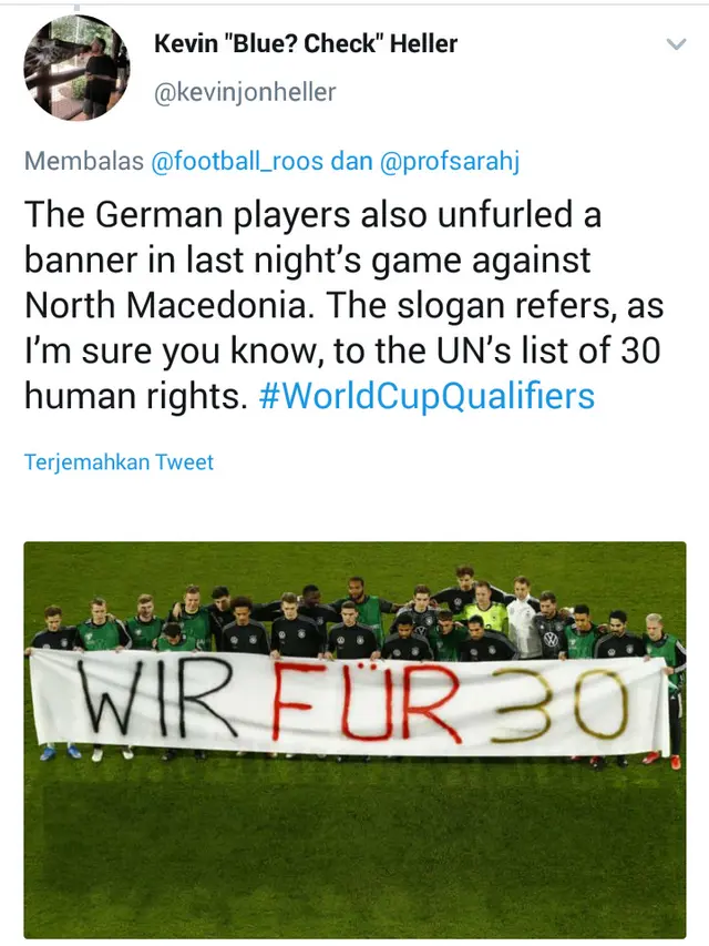 Protes Jerman saat pertandingan melawan Makedonia Utara (Foto: Screenhot Twitter @kevinjonheller)