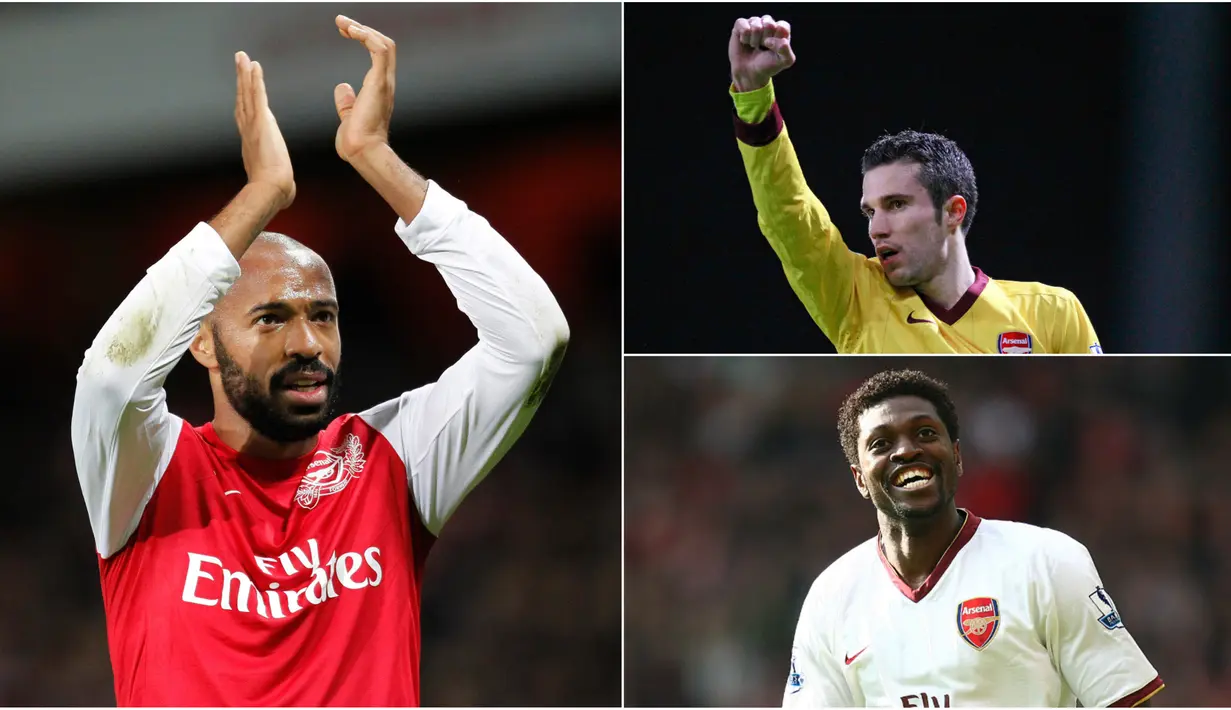 Meskipun belum ada striker Arsenal yang mampu menandingi kesuksesan sang legenda Thierry Henry. Namun ada lima nama bomber The Gunners yang memiliki kualitas bagus. Van Persie dan Adebayor diantaranya. (Foto-foto Kolase AFP)