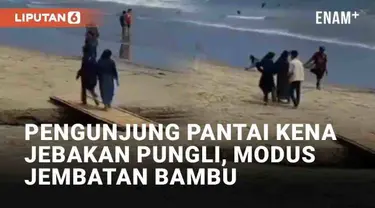 Aksi pungutan liar terekam kamera warga, terjadi di Pantai Carita, Pandeglang, Banten. Seorang pria jadi sorotan lantaran diduga pelaku pungli. Modusnya membiarkan pengunjung menyeberangi jembatan bambu, hingga diminta membayar setelahnya.