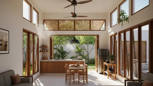 Rumah dengan jendela besar dan pencahayaan alami.