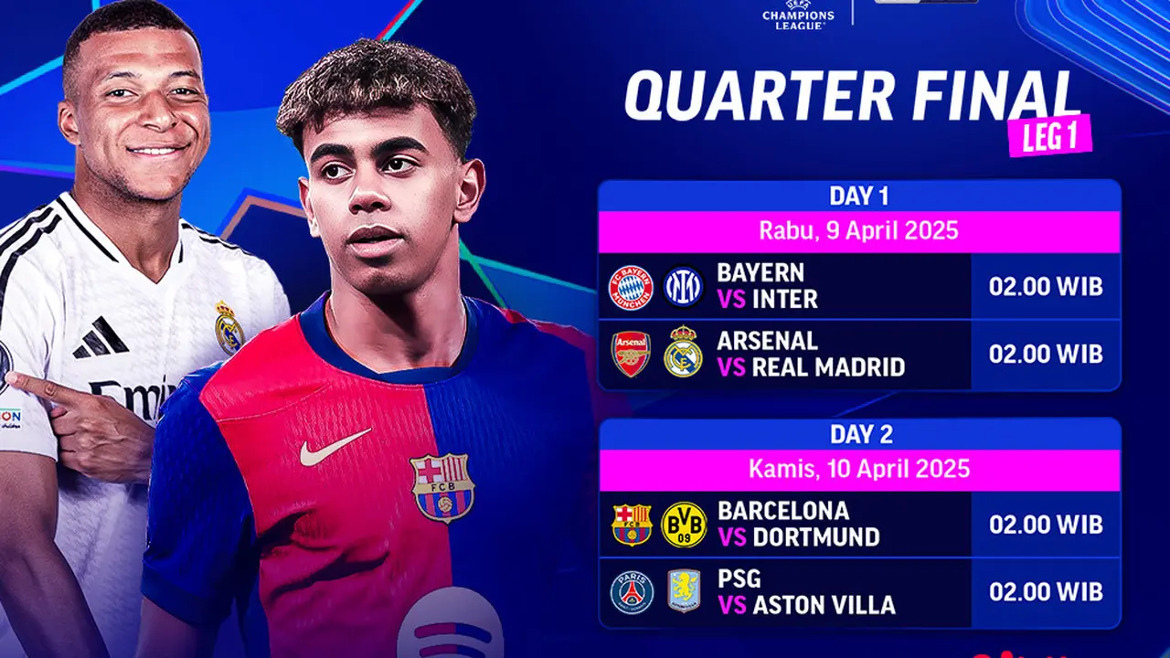 Jadwal Streaming Liga Champions 2024/25 Quarter Final Leg 1 di Vidio
