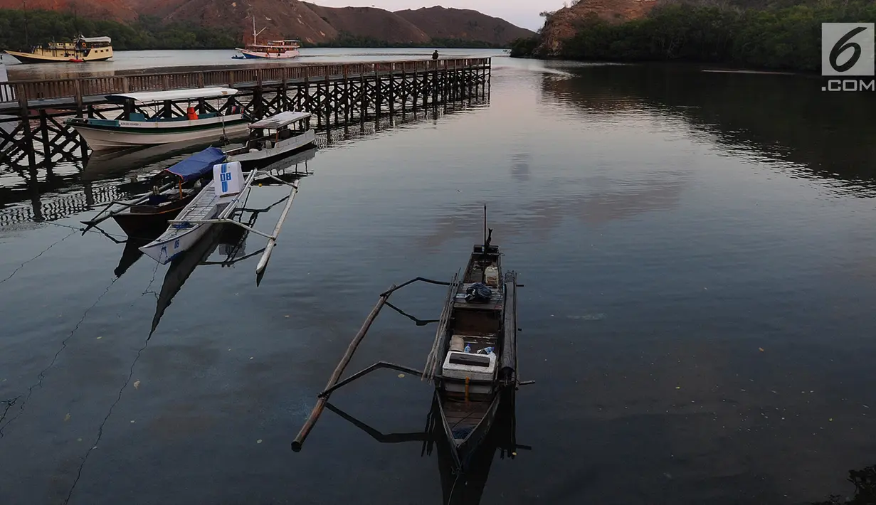 Perahu wisatawan ditambatkan pada sebuah teluk di Pulau Rinca, Taman Nasional Komodo, NTT, Minggu (14/10). Di Pulau Rinca hidup berbagai jenis binatang seperti komodo, babi liar, kerbau dan burung. (Merdeka.com/Arie basuki)