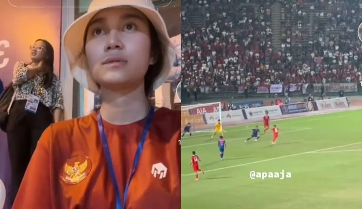 Azizah Salsha terlihat tegang saat nonton laga timnas Indonesia vs Thailand di ajang SEA Games 2022. Azizah langsung datang ke stadion untuk mendukung Arhan. Hubungan Azizah dan Arhan kala itu belum tercium netizen.(Liputan6.com/TikTok/apaaja)