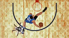 Pemain Orlando Magic,  Aaron Gordon mencoba melakukan slam dunk  saat drone terbang di atasnya pada kontes slam dunk NBA All-Star Saturday Night di New Orleans, (18/2/2017). (AP/Gerald Herbert, Pool)