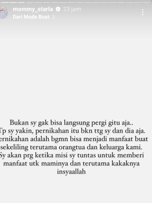 Unggahan Inara Rusli soal kondisi rumah tangganya dengan Virgoun kala diterpa dugaan perselingkuhan. (Foto: Dok. Instagram @mommy_starla)