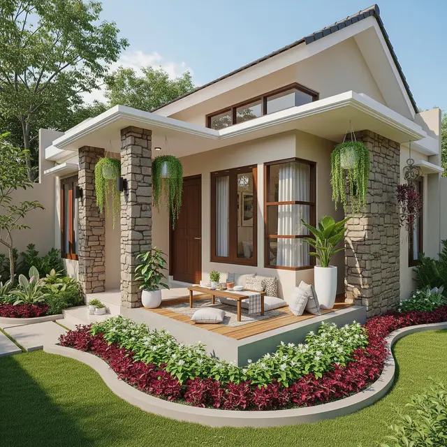 Contoh Rumah Kecil Type 45 dengan Taman Samping dan Teras Lesehan (Image by Gemini AI)