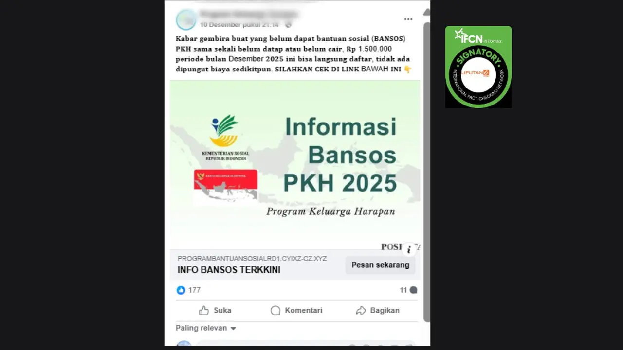 Tangkapan layar klaim link pendaftaran untuk mendapatkan bansos PKH periode Desember 2025 yang beredar di medsos.