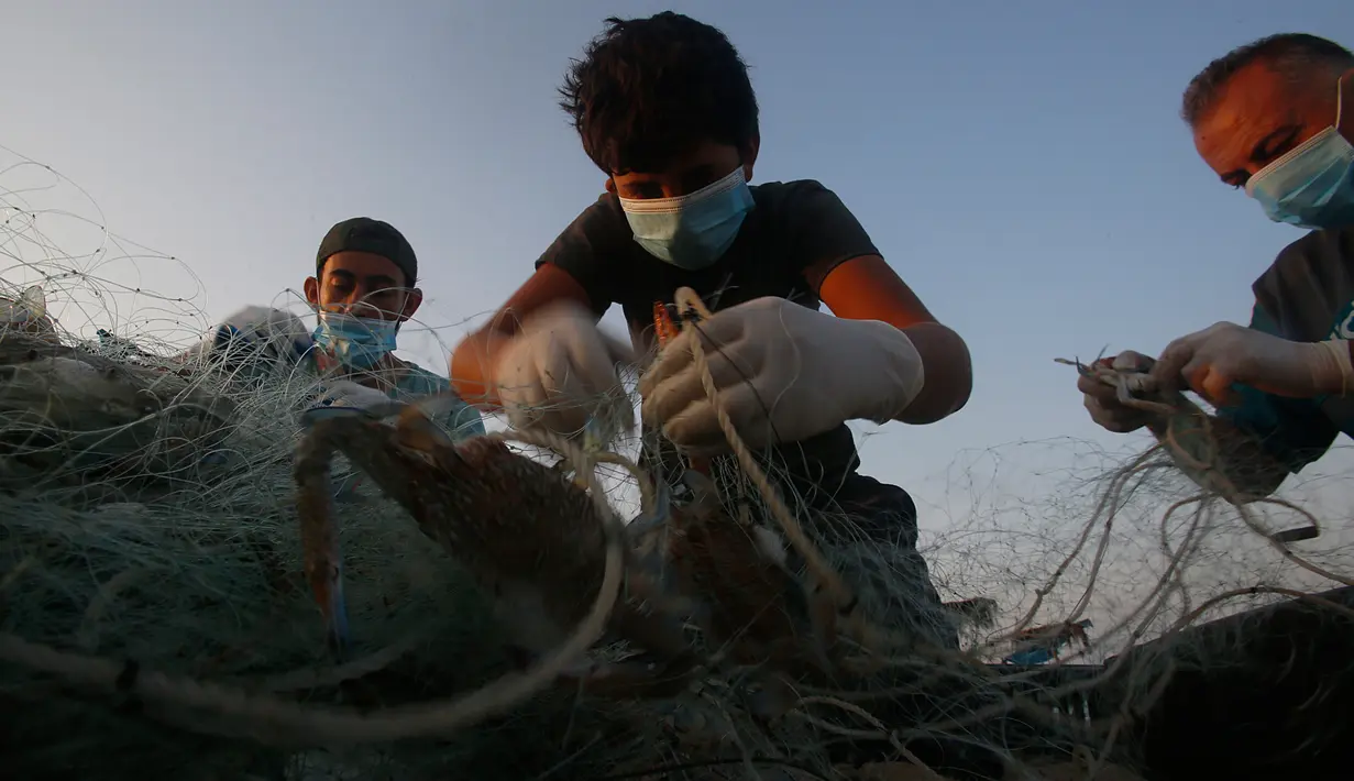 Nelayan Palestina mengenakan masker saat mereka melepaskan kepiting dari jaring di pantai laut Mediterania di Beit Lahyia, Jalur Gaza utara pada 21 September 2020. (AP Photo / Hatem Moussa)