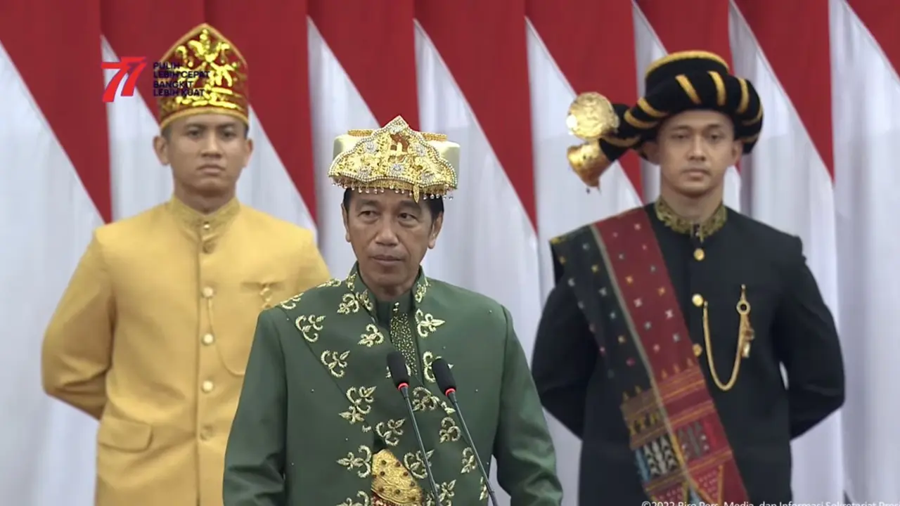 Presiden Joko Widodo (Jokowi) pada Sidang Tahunan MPR-RI dan Sidang bersama DPR RI dan DPD RI tahun 2022, Selasa (16/8/2022).