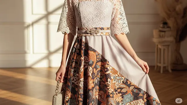 Dress A-Line Kombinasi Brokat & Obi Sabuk