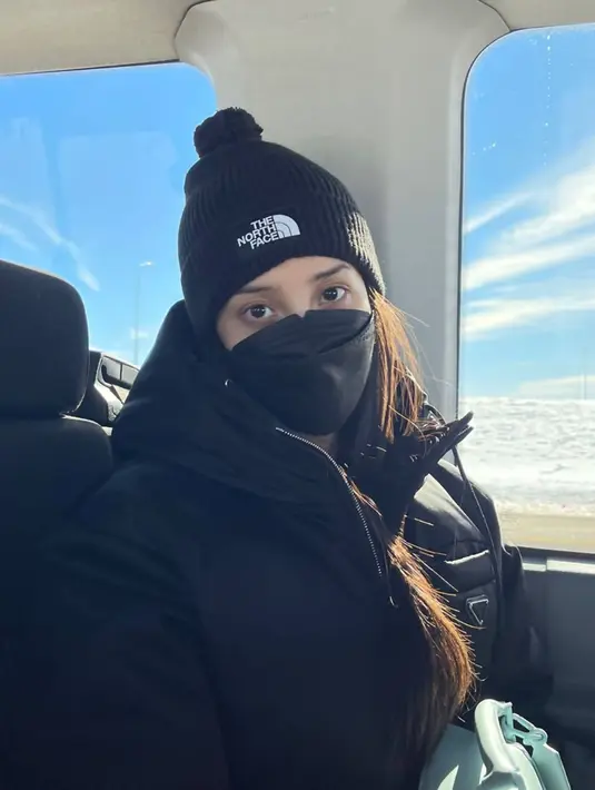 Selama di Amerika, ia pun beberapa kali naik pesawat dan menunjukan pemandangan indah dari atas ketinggian. Terlihat suasana bawahnya pun ditutupi oleh salju tebal dan harnya terlihat putih. (Liputan6.com/IG/@anyageraldine)
