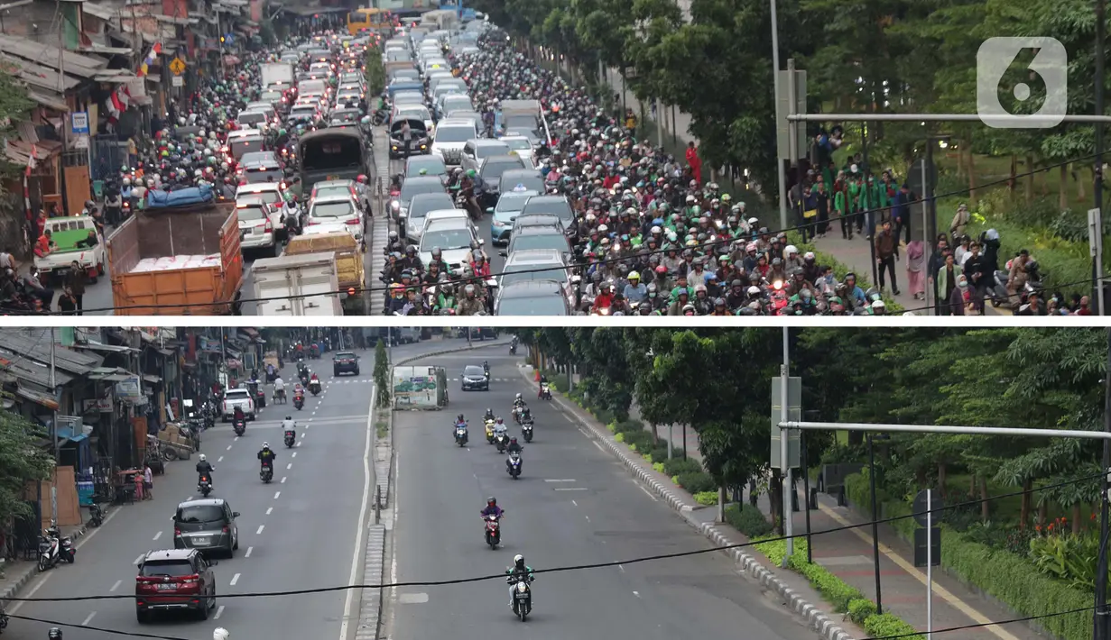 Foto atas menggambarkan suasana Kawasan Pejompongan, Selasa (24/09/2019). Foto bawah dilokasi yang sama, Sabtu (18/04/2020). Lebih dari satu bulan Indonesia terkena pandemi Covid-19, per 18 April 2020 tercatat 6.248 kasus positif, 631 sembuh, 535 meninggal. (Liputan6.com/Helmi Fithriansyah)