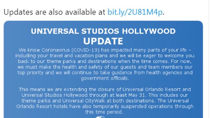 Pernyataan Universal Studio Hollywood terkait perpanjangan periode penutupan hingga akhir Mei 2020. (dok. Twitter @@UniStudios)