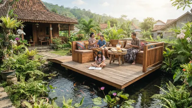 Model Dek Kayu Mini di Atas Kolam, Solusi Cantik untuk Ruang Santai Outdoor desain Multifungsi untuk Keluarga