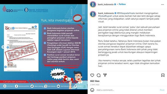 <p>Gambar Tangkapan Layar Unggahan dari Akun Instagram @bank_indonesia.</p>