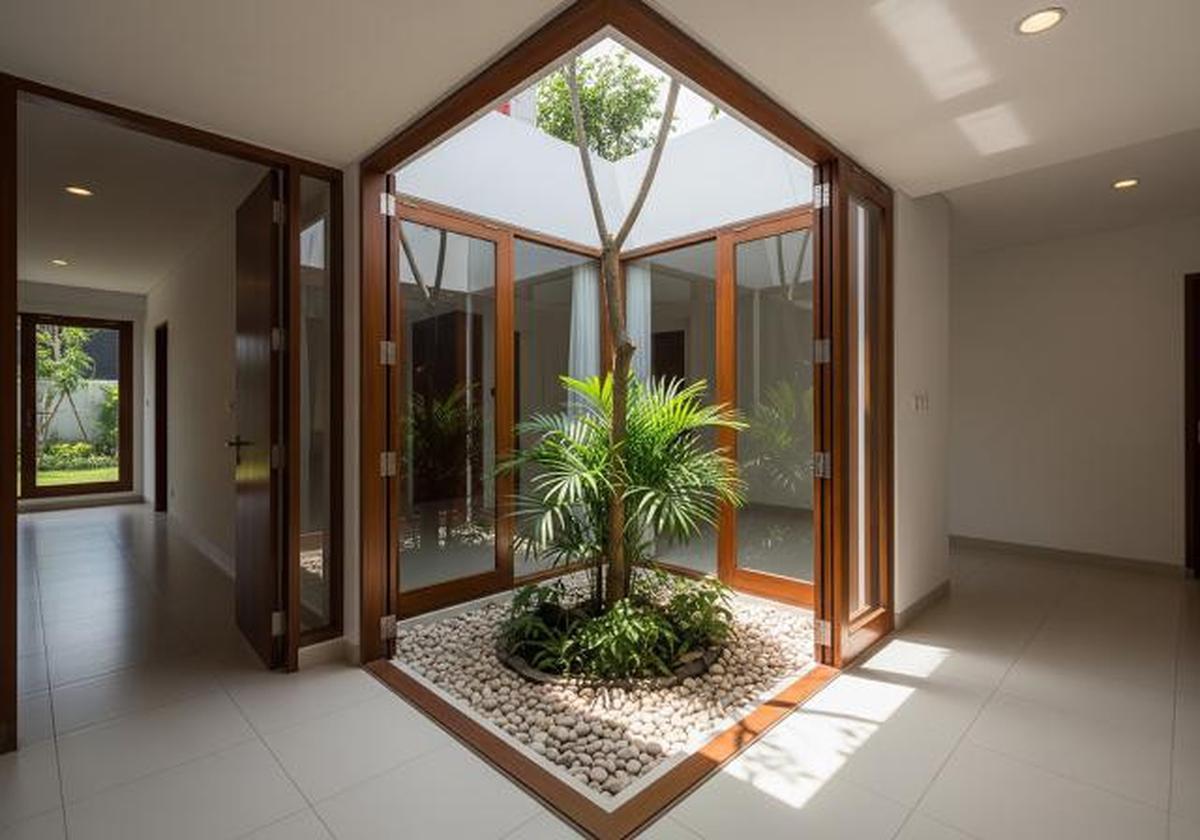 Tambahkan Inner Court atau Taman Kecil di Tengah Rumah/Ide Tata Ruang Rumah Kecil Tanpa Sekat dengan Pencahayaan Alam (Sumber: gemini.com)