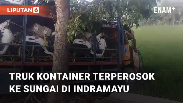 Beredar video terkait kecelakaan truk kontainer di Jalur Pantura Widasari, Kab. Indramayu. Tampak truk kontainer bermuatan motor tersebut terperosok ke sungai, Senin (28/08/2023)
