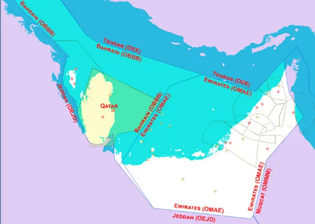 Peta ruang udara (airspace) di kawasan Teluk Persia. (Sumber International Virtual Aviation Organization)