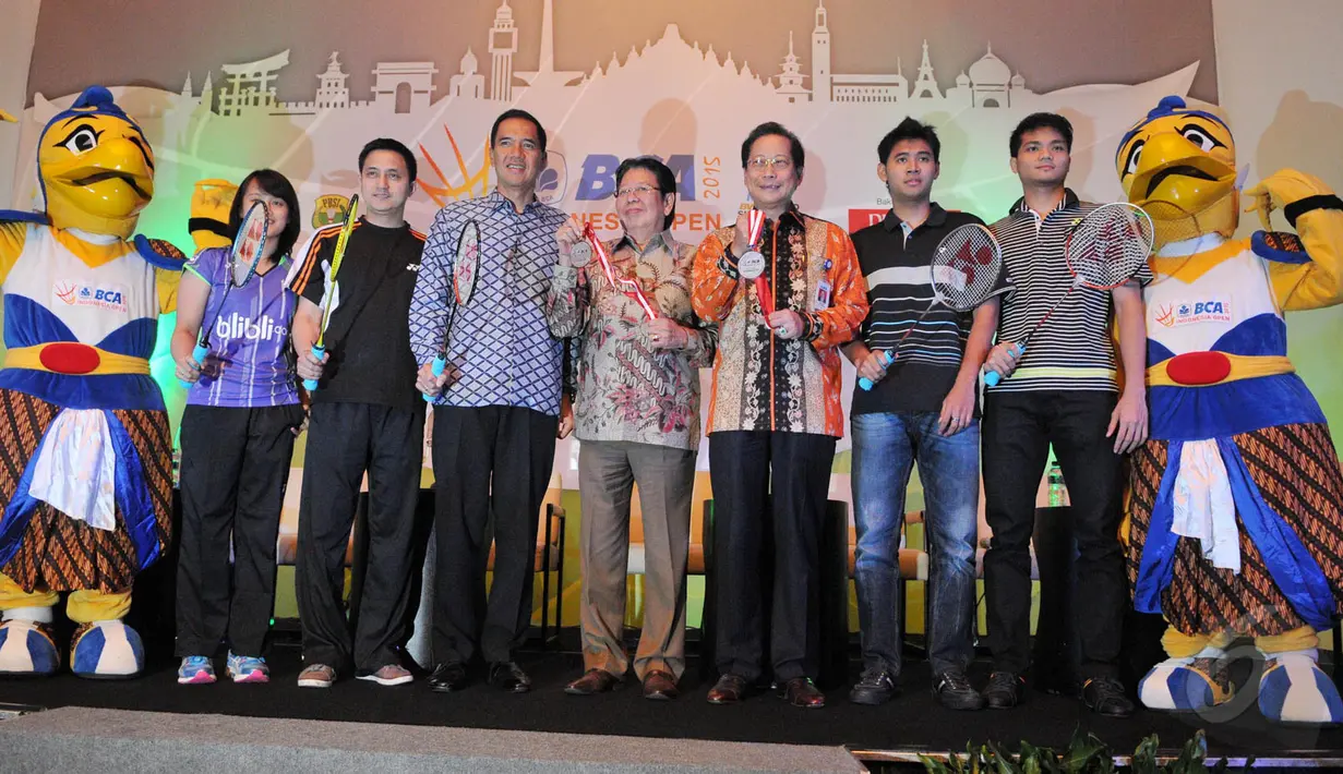 Suasana konferensi pers BCA Indonesia Open Series Premier 2015, Jakarta, Senin (25/5/2015). Nomor ganda putra dan ganda campuran menjadi andalan PBSI untuk meraih gelar. (Liputan6.com/Herman Zakharia)