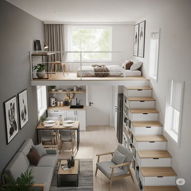 Desain Rumah 4x3 Sederhana dengan Mezzanine yang Cocok untuk Hunian Minimalis (Image by Gemini AI)