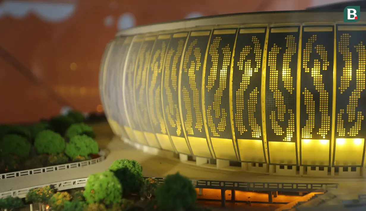 Miniatur Jakarta International Stadium (JIS) yang terletak di Papanggo, Jakarta Utara, Selasa (31/08/2021) sore WIB. PT Jakarta Propertindo (Jakpro) mencatat bahwa stadion yang diproyeksikan berkapasitas 82.000 penonton tersebut telah mencapai 69 persen. (Bola.com/Bagaskara Lazuardi)