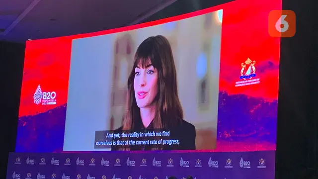 Anne Hathaway menjadi salah satu pembicara di B20 Summit yang hadir secara virtual pada Senin (14/11/2022). (Liputan6/Benedikta Miranti)