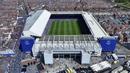 Foto udara pertandingan kandang terakhir Everton saat laga lanjutan Liga Inggris 2024/2025 melawan Southampton di Goodison Park, Liverpool, Inggris, Minggu (18/05/2025) waktu setempat. (AP Photo/PA/Martin Rickett)