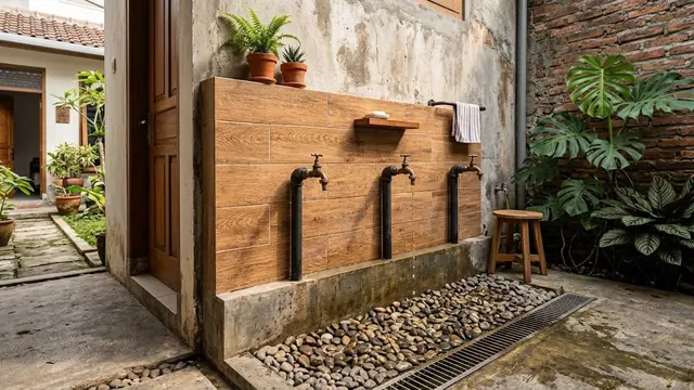Model Tempat Wudhu dengan Keramik Motif Kayu/AI Generated