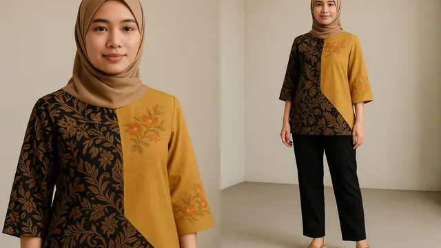 Model Blouse Batik Kombinasi Polos/Ilustrasi gambar oleh AI
