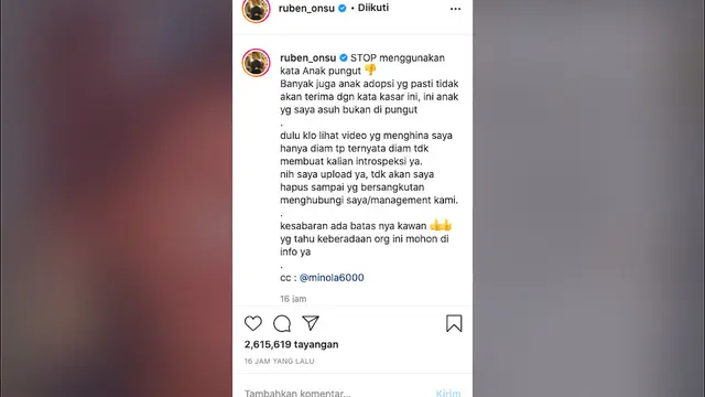 Ruben Onsu mengunggah sebuah video dari seseorang yang menyebut Betrand Peto sebagai anak pungut