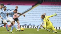 Manchester City meraih kemenangan 1-0 atas Sheffield United pada laga pekan ke-21 Premier League di Stadion Etihad, Sabtu (30/1/2021) malam WIB. (Martin Rickett/Pool via AP)