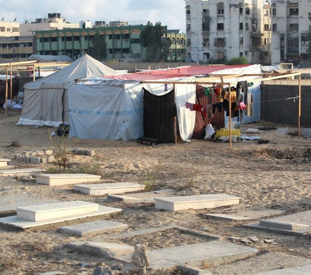 Sejumlah tenda pengungsian berdiri di sebuah kuburan di Khan Younis, Jalur Gaza, Palestina, pada Jumat (26/7/2024). Sekelompok warga Palestina yang telah kehilangan tempat aman akibat serangan udara Israel terpaksa mengungsi di sebuah kuburan. &nbsp;Foto: